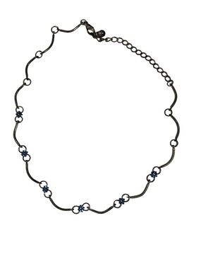 Vintage Dainty Silver Tone Wavy Link Choker Necklace Small Blue Rhinestone